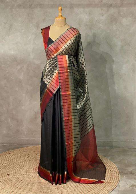 Black Semi Banarasi Art Silk Saree With Traditional Woven Design For Women
