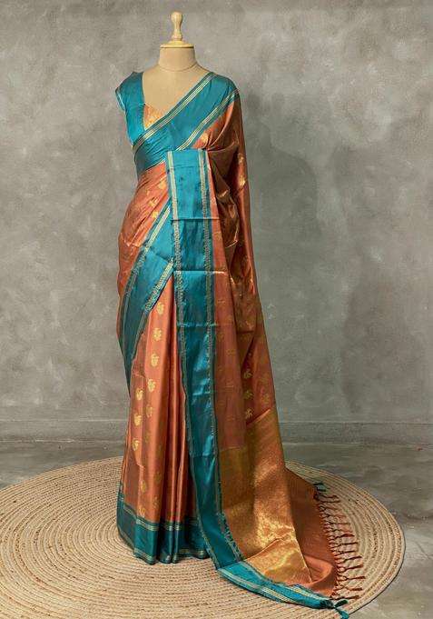 Rusty Brown And Peacock Blue Gajji Silk Saree With Traditional Woven Design For Women