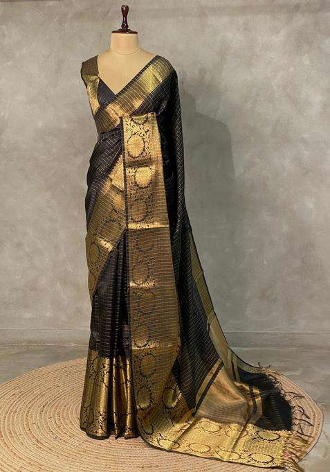Black Semi Banarasi Art Silk Saree With Traditional Woven Design For Women