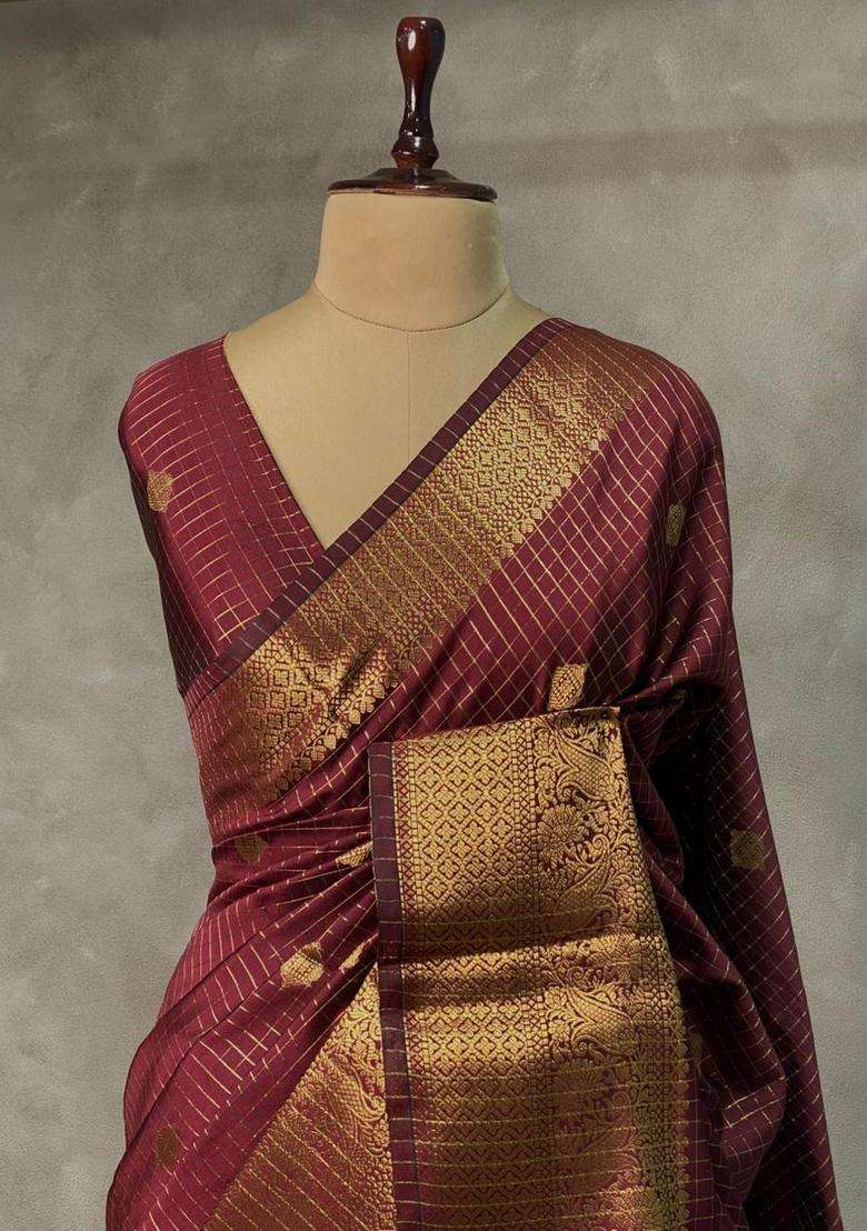 Light Brown Banarasi Silk Saree With Traditional Woven Design For Women - Indya