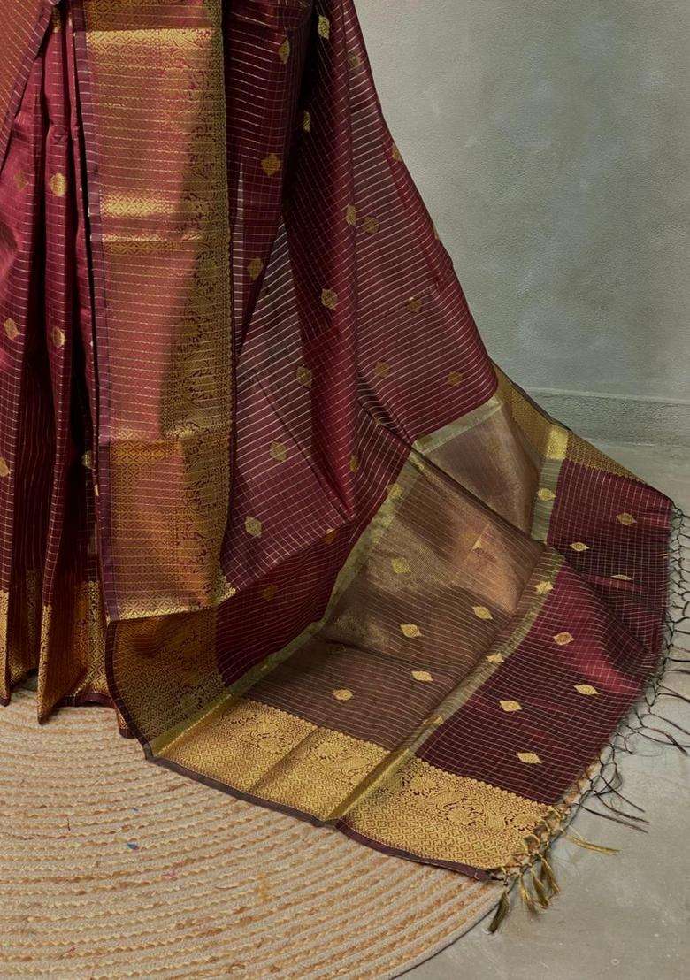 Light Brown Banarasi Silk Saree With Traditional Woven Design For Women - Indya