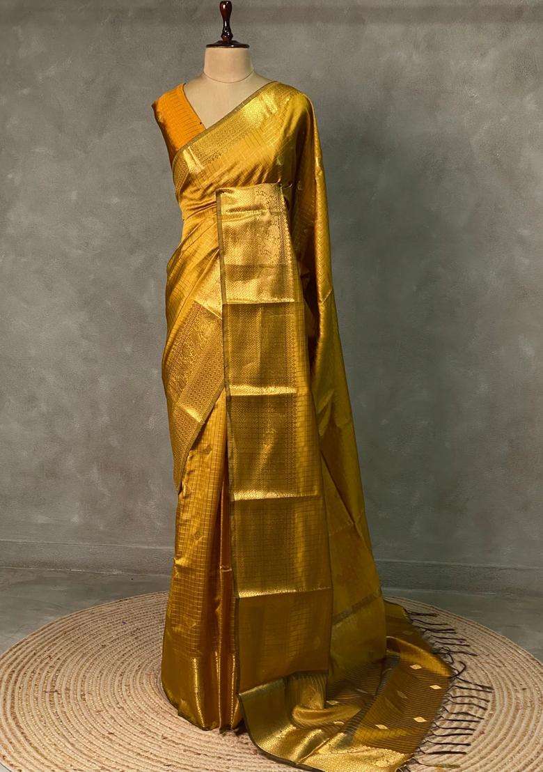 Golden Yellow Banarasi Silk Saree With Traditional Woven Design For Women - Indya
