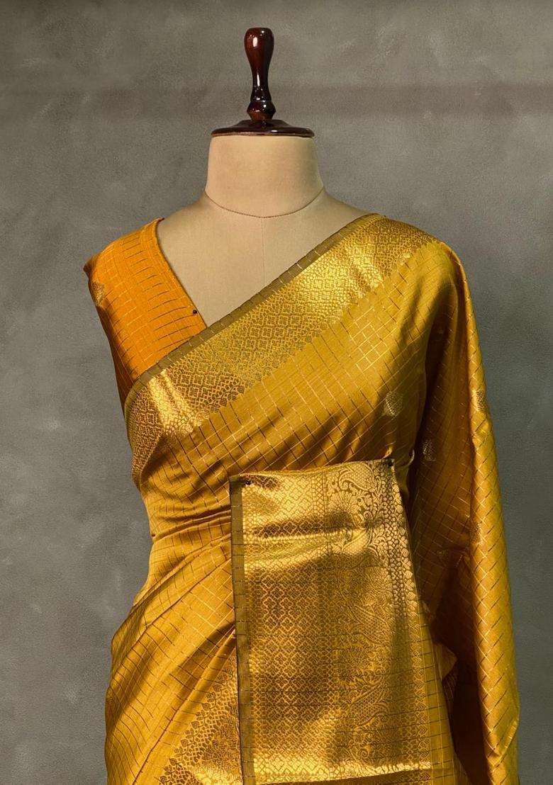 Golden Yellow Banarasi Silk Saree With Traditional Woven Design For Women - Indya