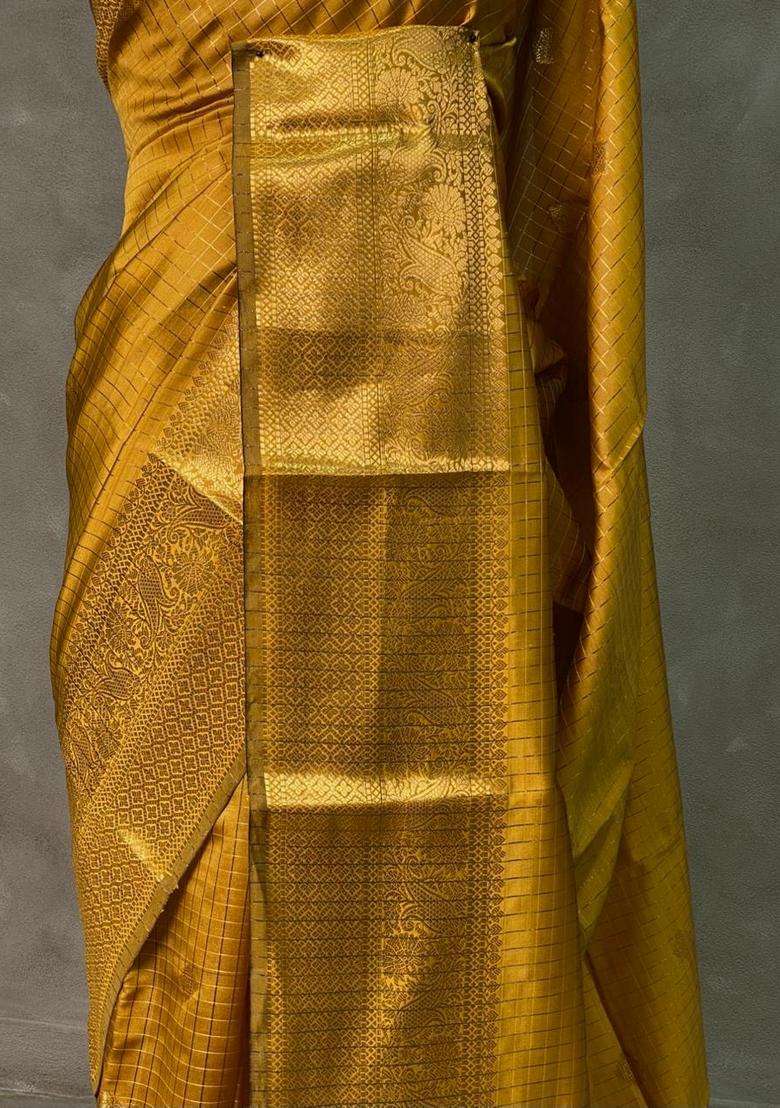 Golden Yellow Banarasi Silk Saree With Traditional Woven Design For Women - Indya