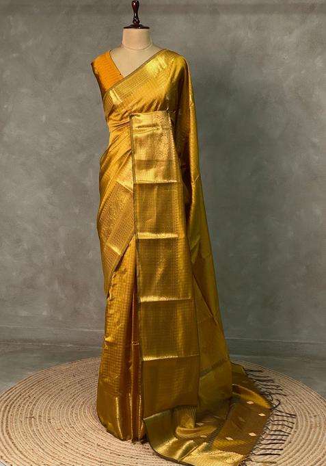 Golden Yellow Banarasi Silk Saree With Traditional Woven Design For Women