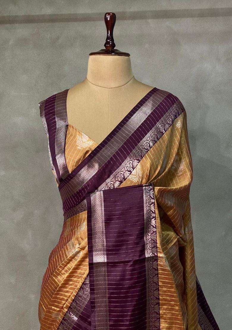Golden Yellow And Purple Gajji Silk Saree With Traditional Woven Design For Women - Indya