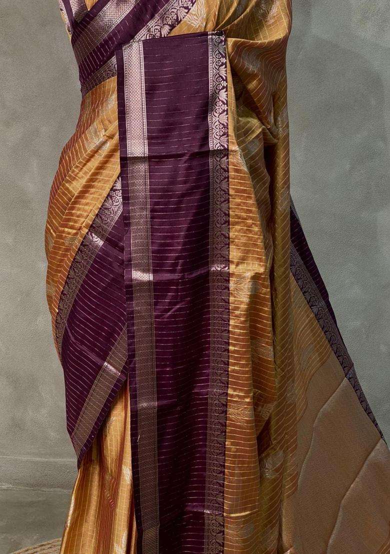 Golden Yellow And Purple Gajji Silk Saree With Traditional Woven Design For Women - Indya