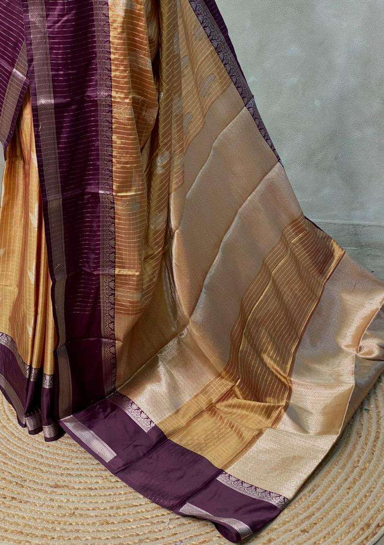 Golden Yellow And Purple Gajji Silk Saree With Traditional Woven Design For Women - Indya