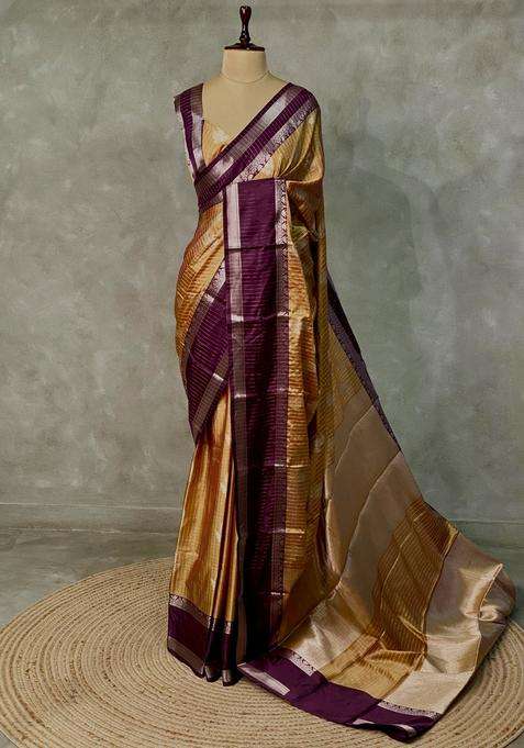 Golden Yellow And Purple Gajji Silk Saree With Traditional Woven Design For Women