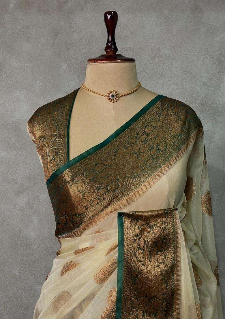 Off White And Green Organza Saree With Traditional Woven Design For Women - Indya
