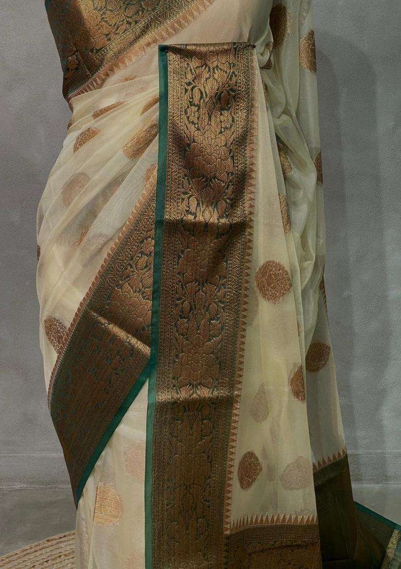 Off White And Green Organza Saree With Traditional Woven Design For Women - Indya
