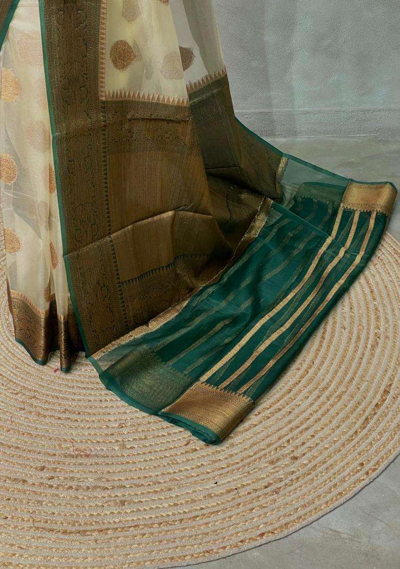 Off White And Green Organza Saree With Traditional Woven Design For Women - Indya