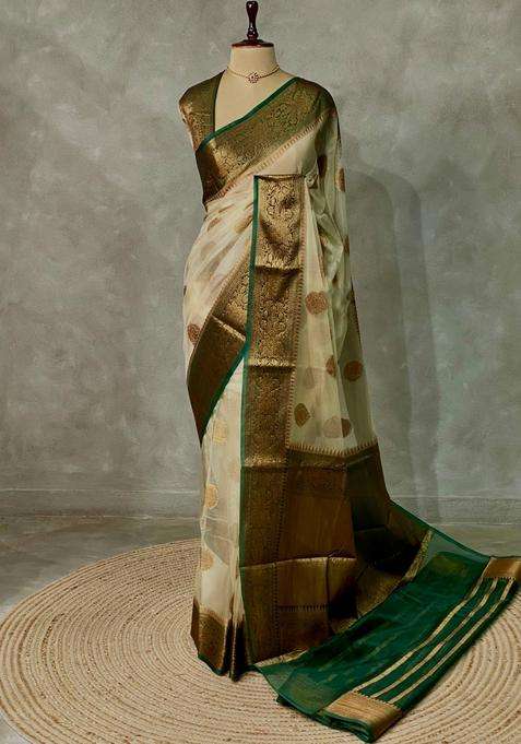 Off White And Green Organza Saree With Traditional Woven Design For Women