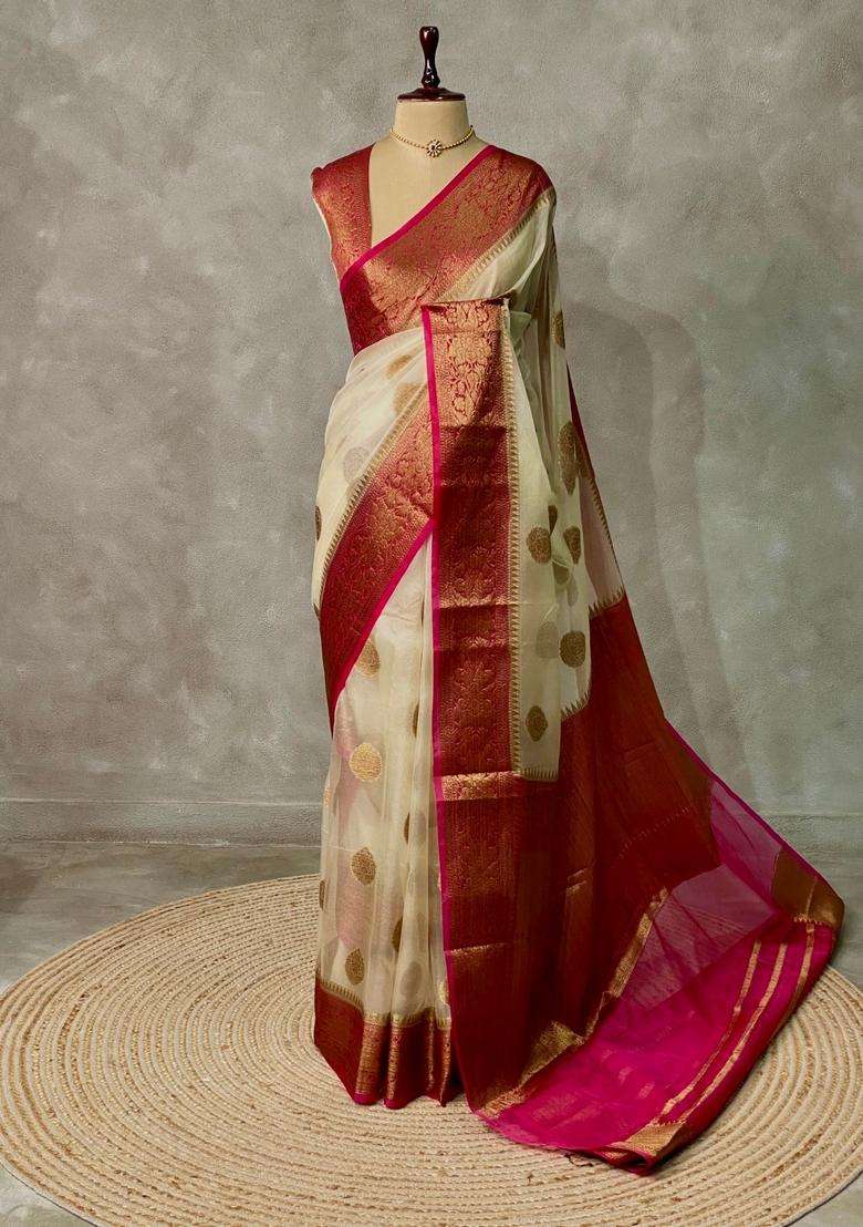 Off White And Magenta Organza Saree With Traditional Woven Design For Women - Indya