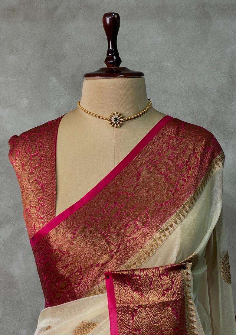 Off White And Magenta Organza Saree With Traditional Woven Design For Women - Indya