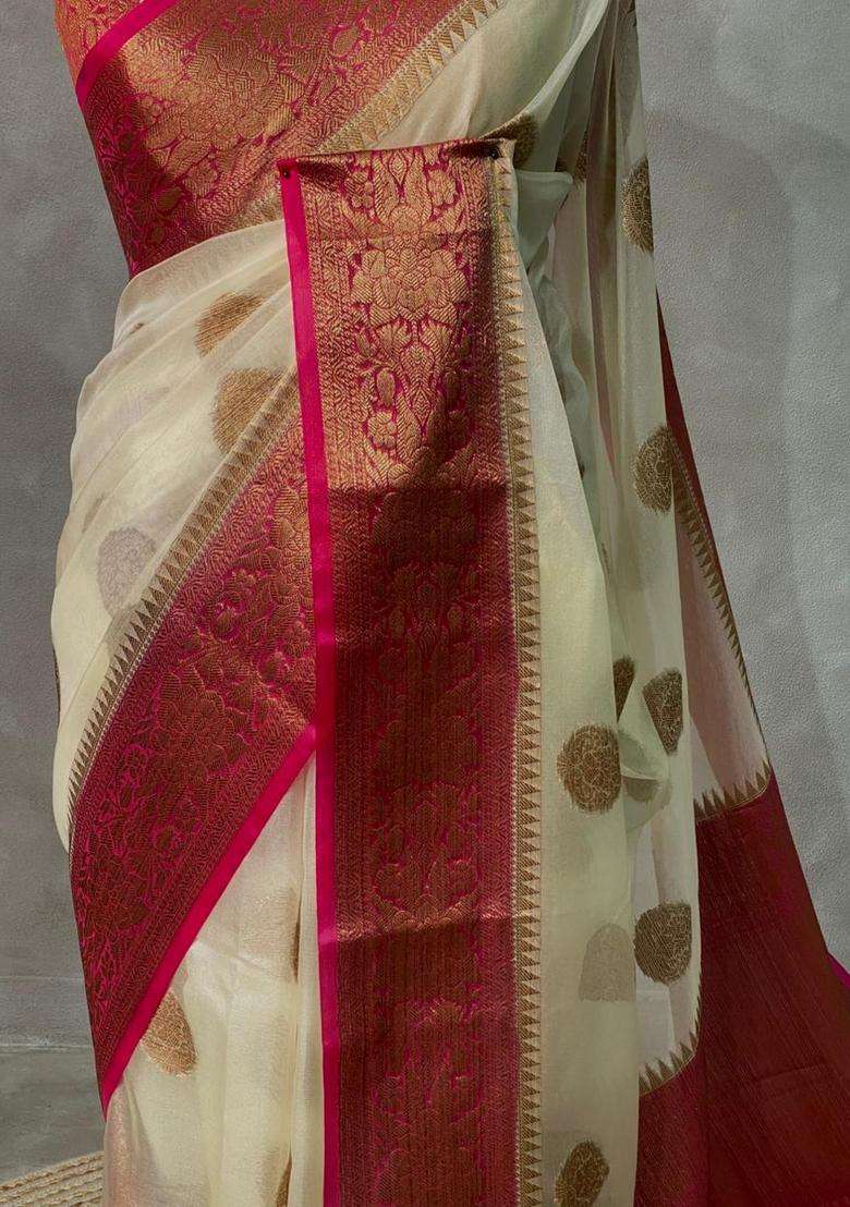 Off White And Magenta Organza Saree With Traditional Woven Design For Women - Indya