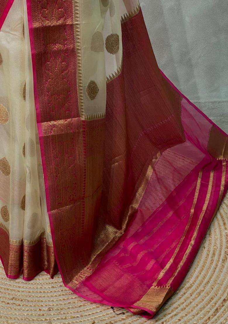Off White And Magenta Organza Saree With Traditional Woven Design For Women - Indya