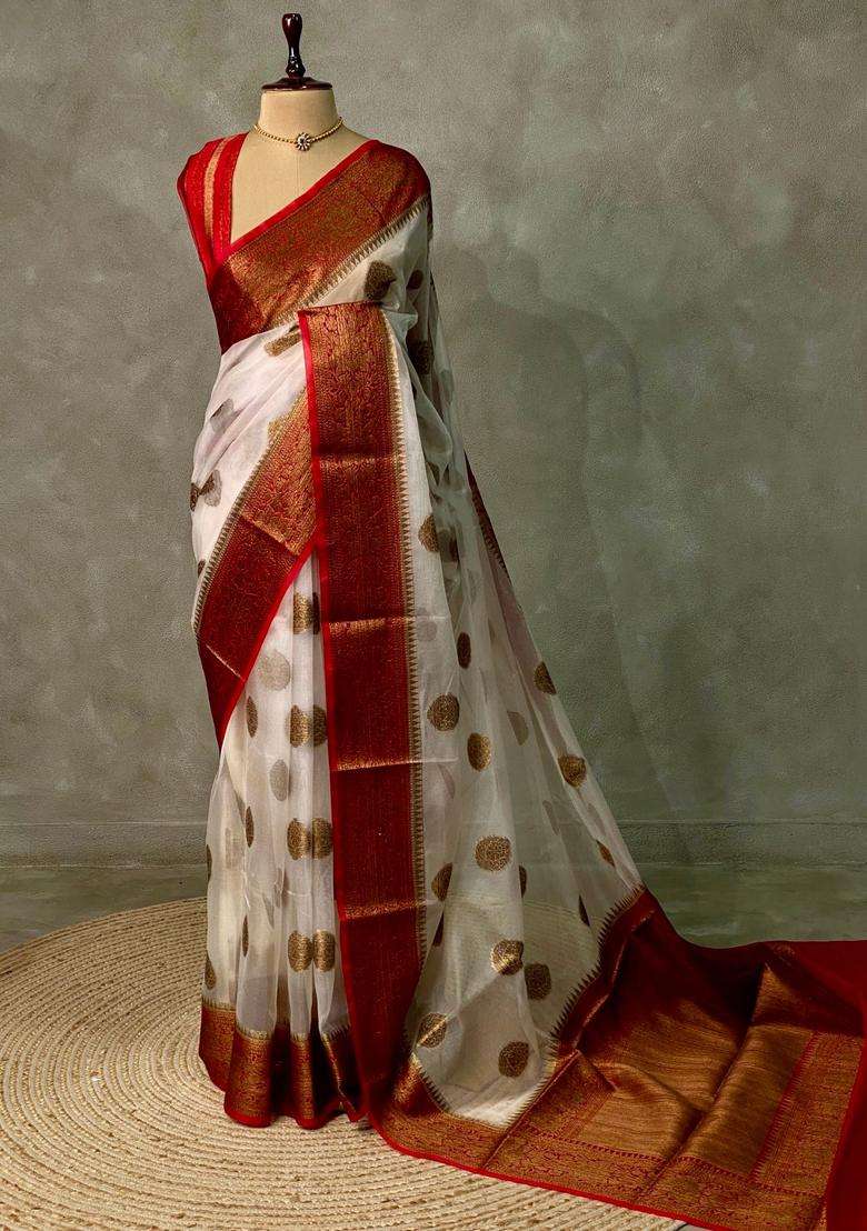 Off White And Red Organza Saree With Traditional Woven Design For Women - Indya