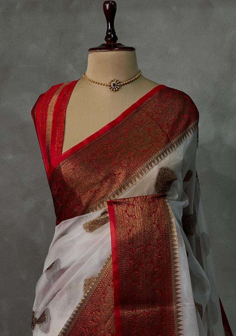 Off White And Red Organza Saree With Traditional Woven Design For Women - Indya
