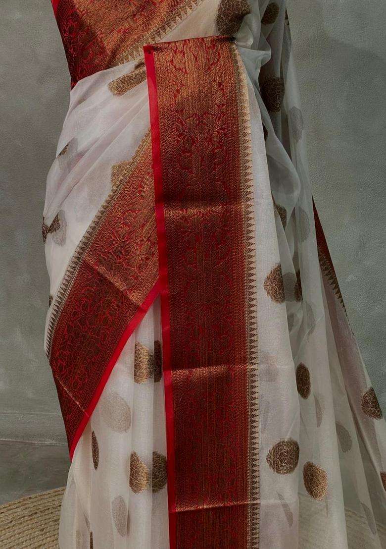 Off White And Red Organza Saree With Traditional Woven Design For Women - Indya