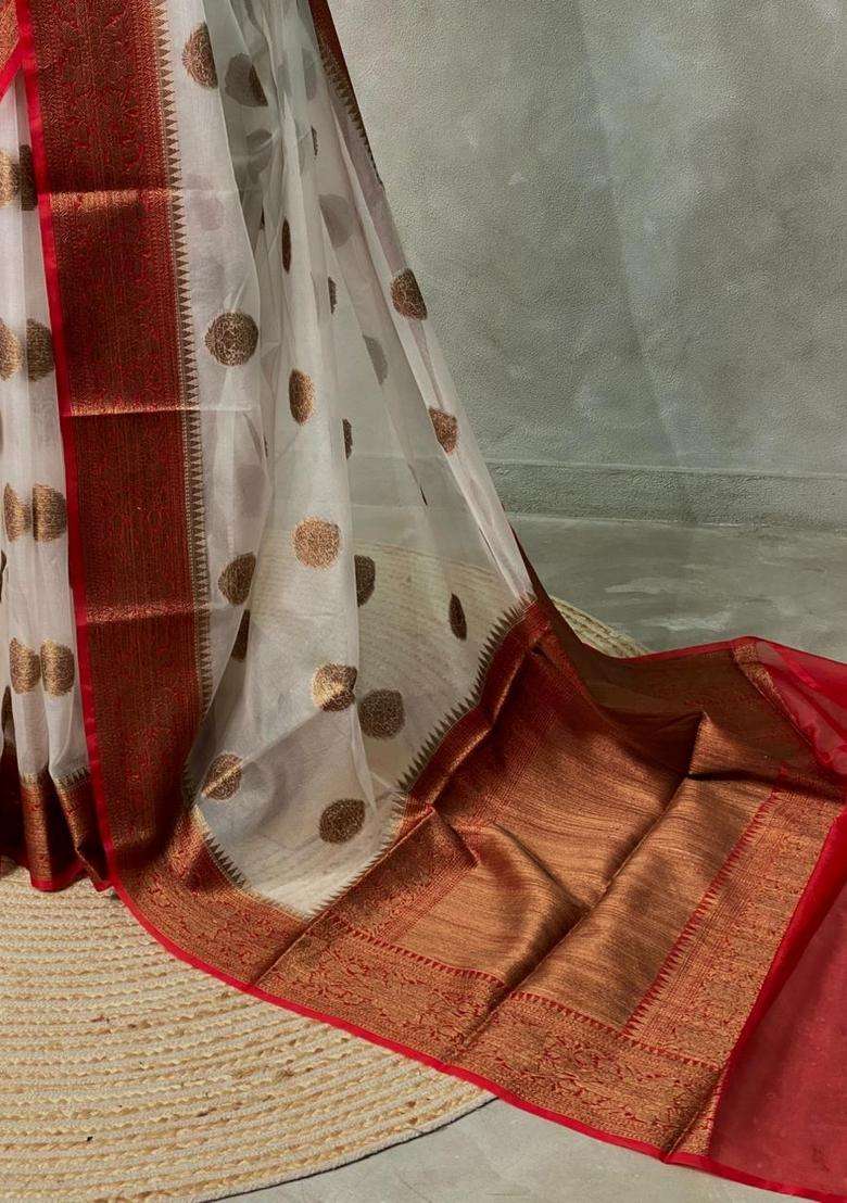 Off White And Red Organza Saree With Traditional Woven Design For Women - Indya