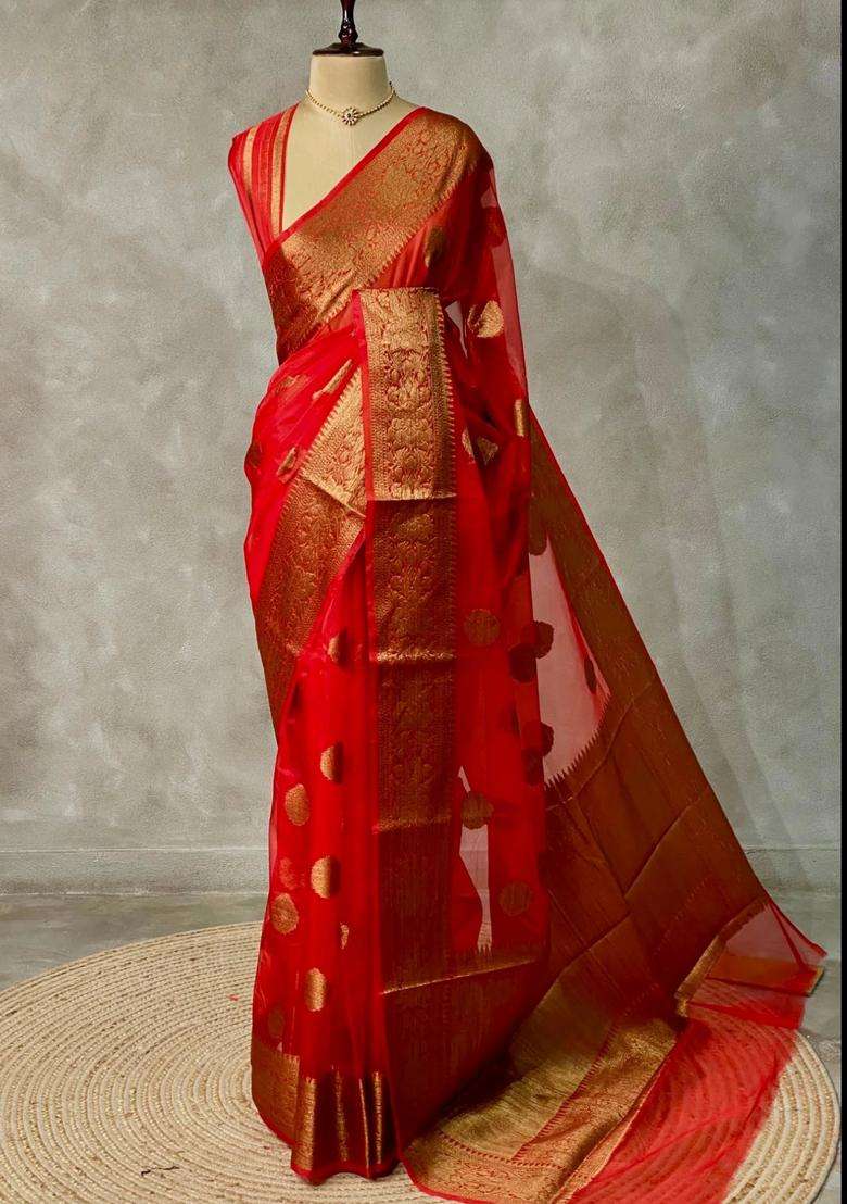 Off White And Red Banarasi Organza Saree With Traditional Woven Design For Women - Indya