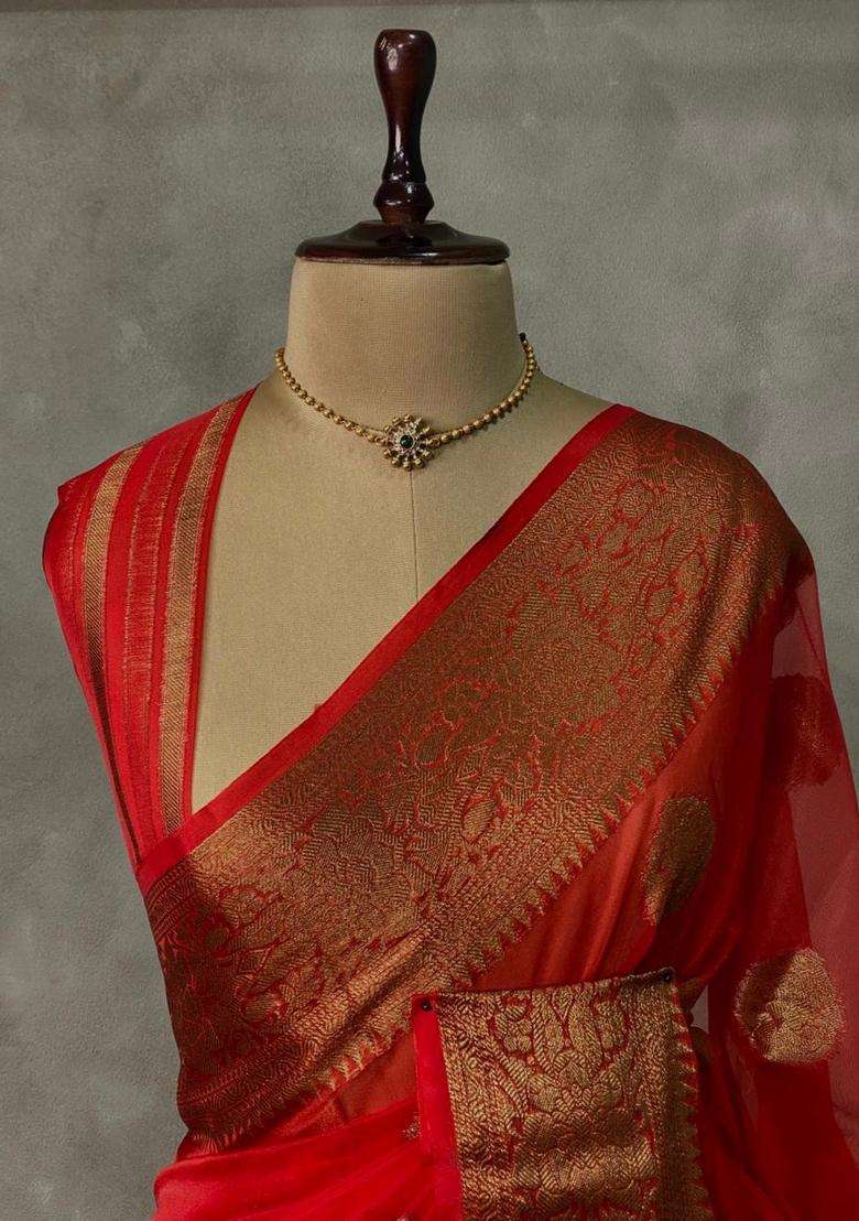 Off White And Red Banarasi Organza Saree With Traditional Woven Design For Women - Indya