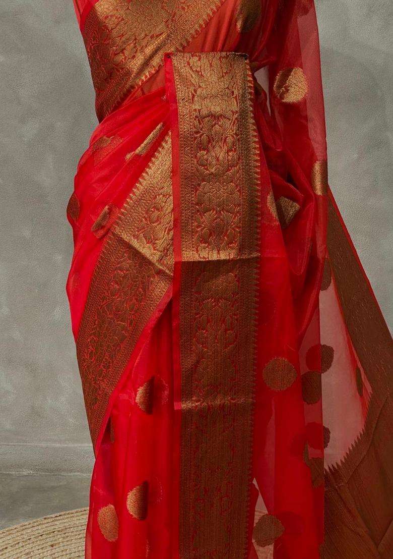 Off White And Red Banarasi Organza Saree With Traditional Woven Design For Women - Indya