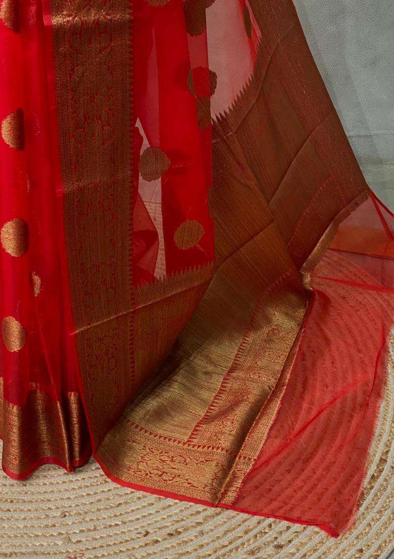 Off White And Red Banarasi Organza Saree With Traditional Woven Design For Women - Indya