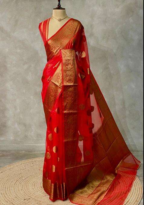 Off White And Red Banarasi Organza Saree With Traditional Woven Design For Women