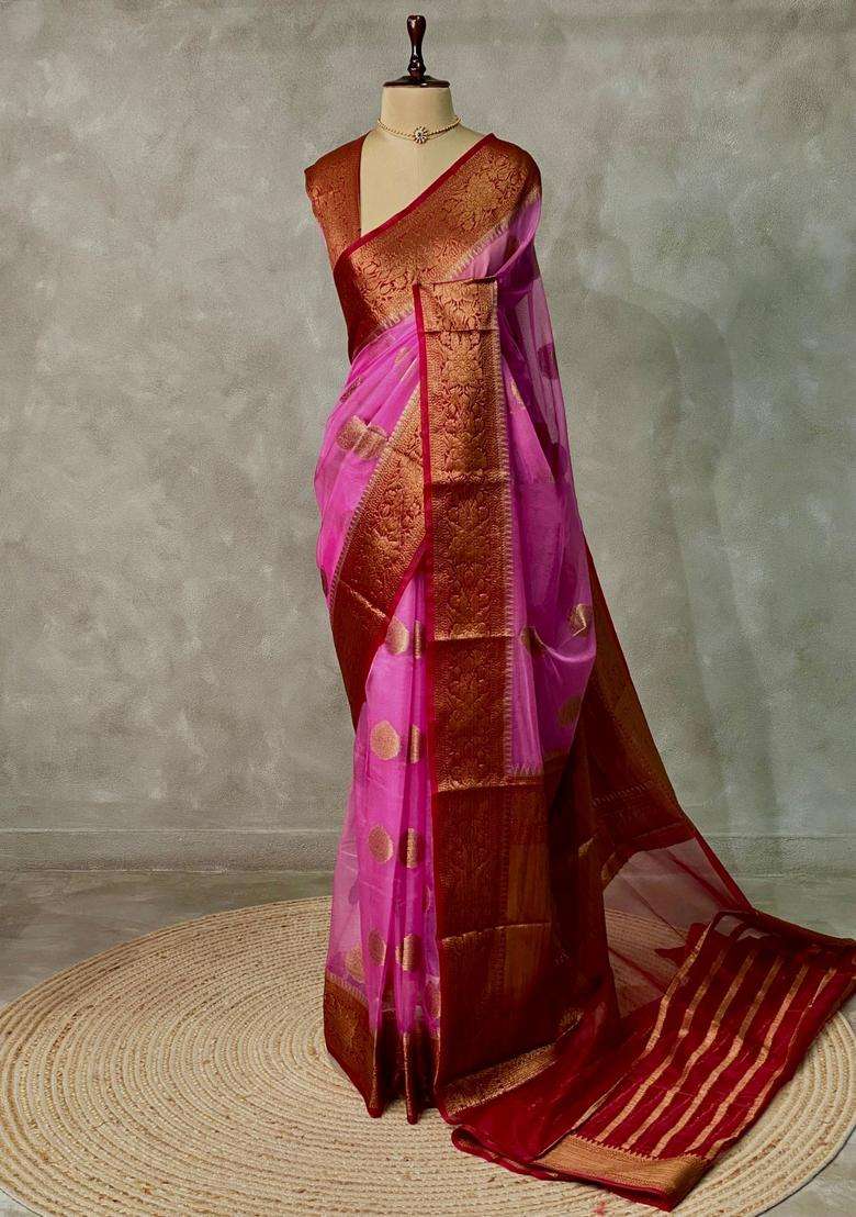 Dark Pink Banarasi Organza Saree With Traditional Woven Design For Women - Indya