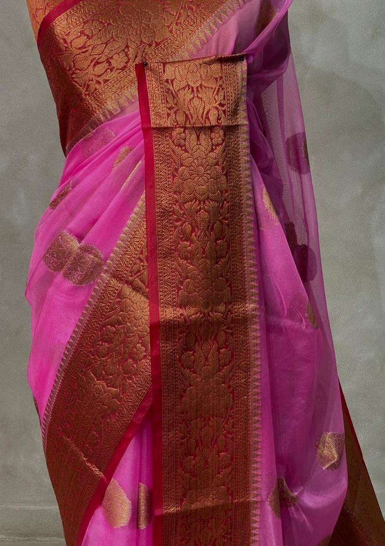 Dark Pink Banarasi Organza Saree With Traditional Woven Design For Women - Indya
