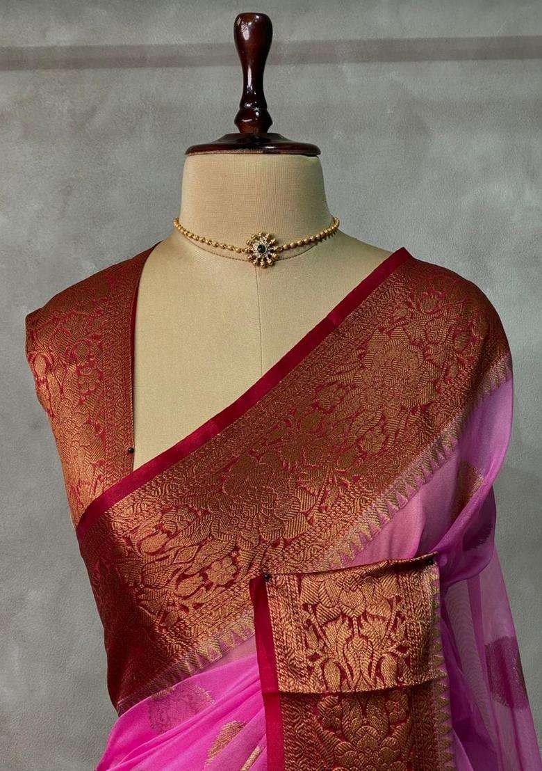 Dark Pink Banarasi Organza Saree With Traditional Woven Design For Women - Indya