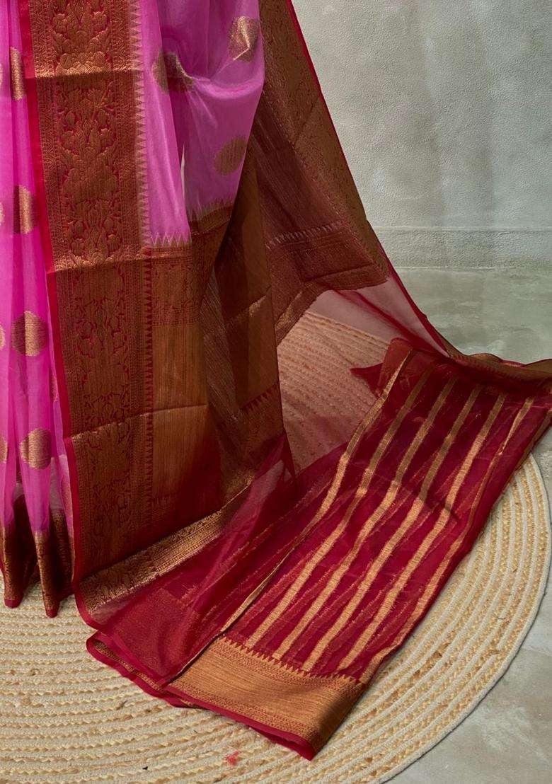 Dark Pink Banarasi Organza Saree With Traditional Woven Design For Women - Indya