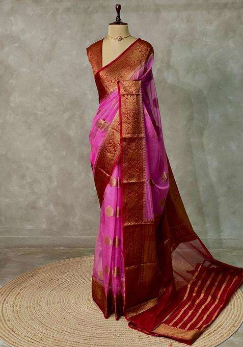 Dark Pink Banarasi Organza Saree With Traditional Woven Design For Women