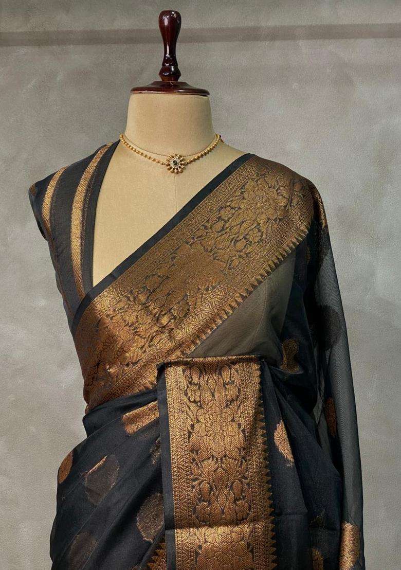 Black Banarasi Organza Saree With Traditional Woven Design For Women - Indya