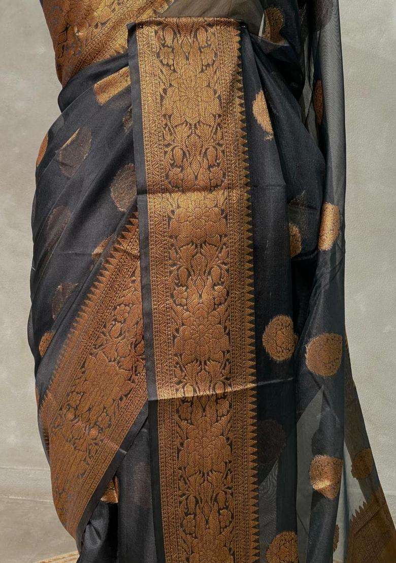Black Banarasi Organza Saree With Traditional Woven Design For Women - Indya