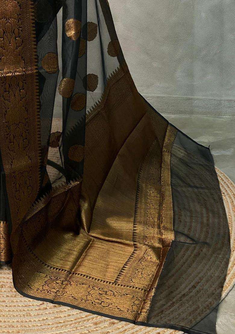 Black Banarasi Organza Saree With Traditional Woven Design For Women - Indya