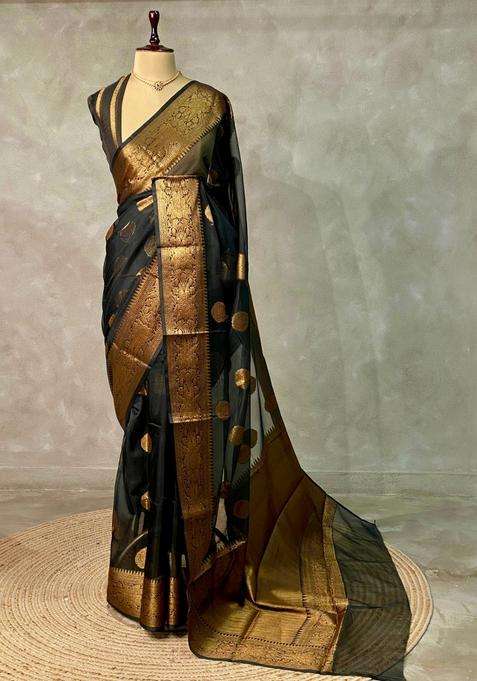Black Banarasi Organza Saree With Traditional Woven Design For Women