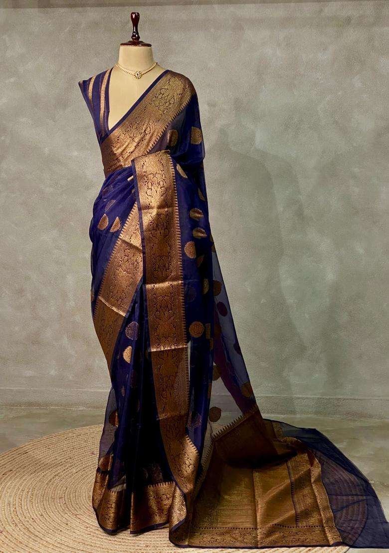 Navy Blue Organza Saree With Traditional Woven Design For Women - Indya