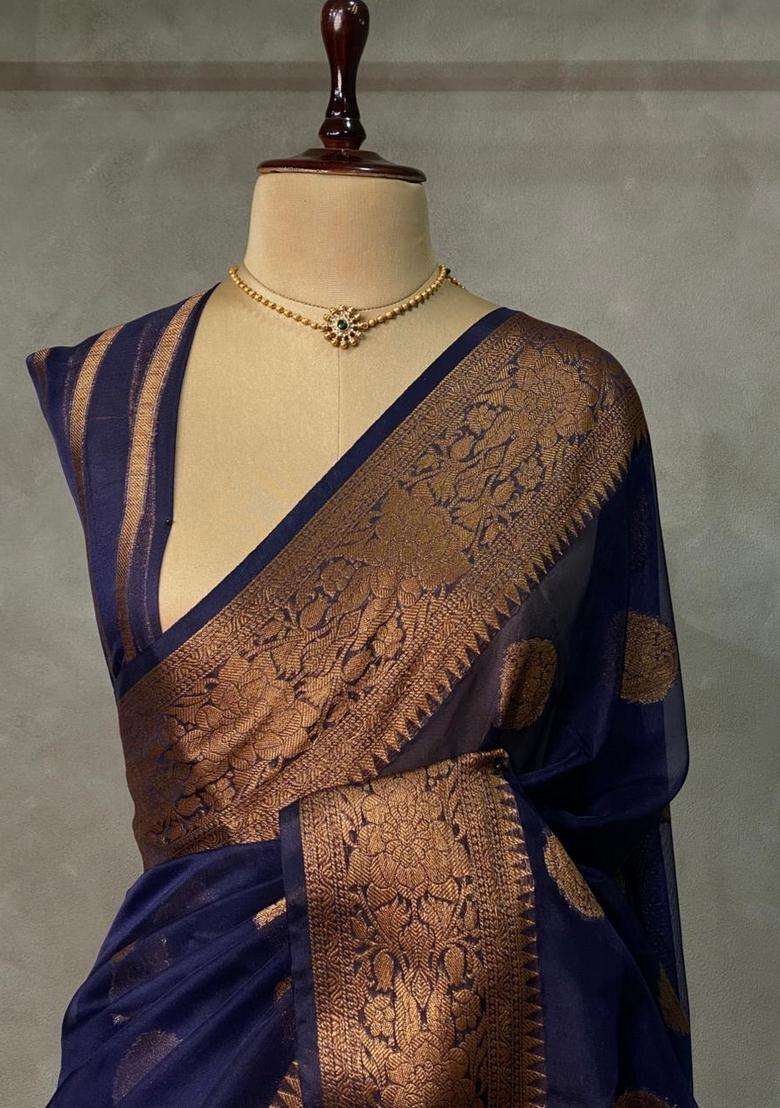 Navy Blue Organza Saree With Traditional Woven Design For Women - Indya