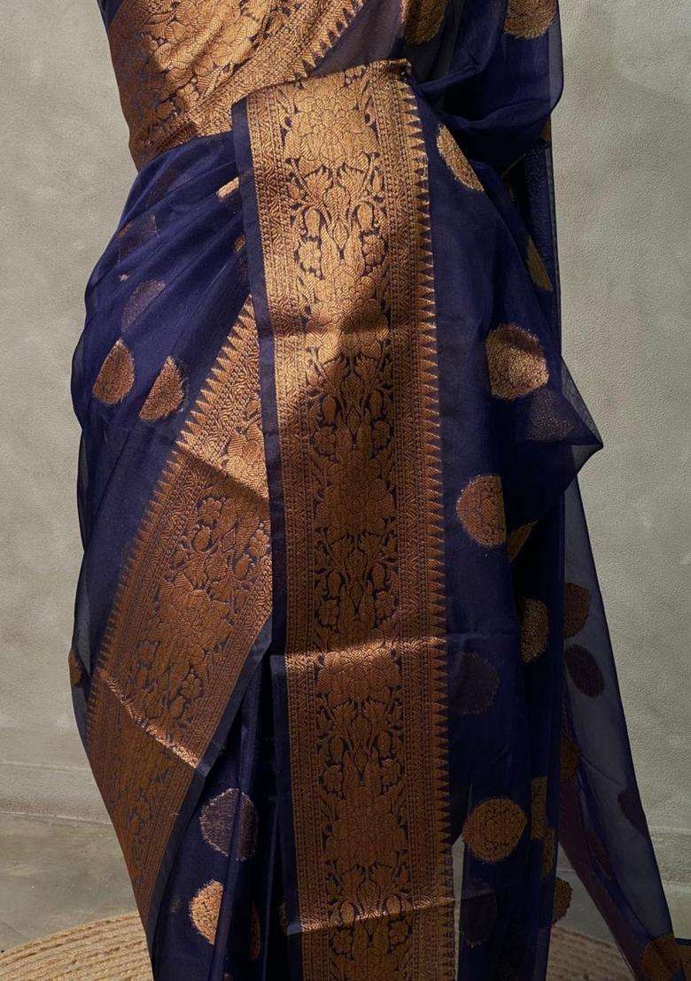 Navy Blue Organza Saree With Traditional Woven Design For Women - Indya