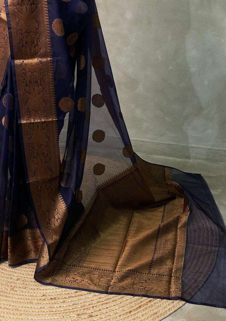 Navy Blue Organza Saree With Traditional Woven Design For Women - Indya