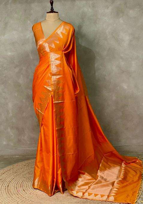 Orange Semi Banarasi Silk Saree With Traditional Woven Design For Women