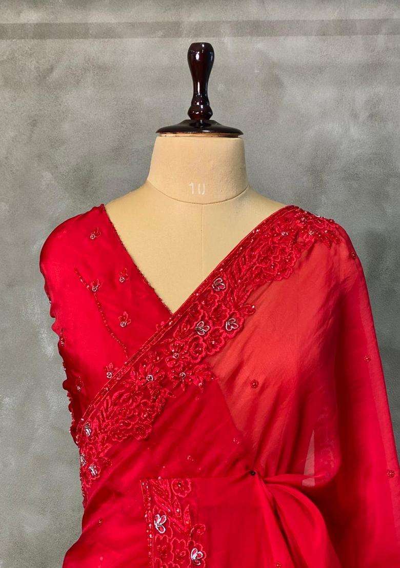Red Pure Organza Designer Saree With Traditional Woven Design For Women - Indya