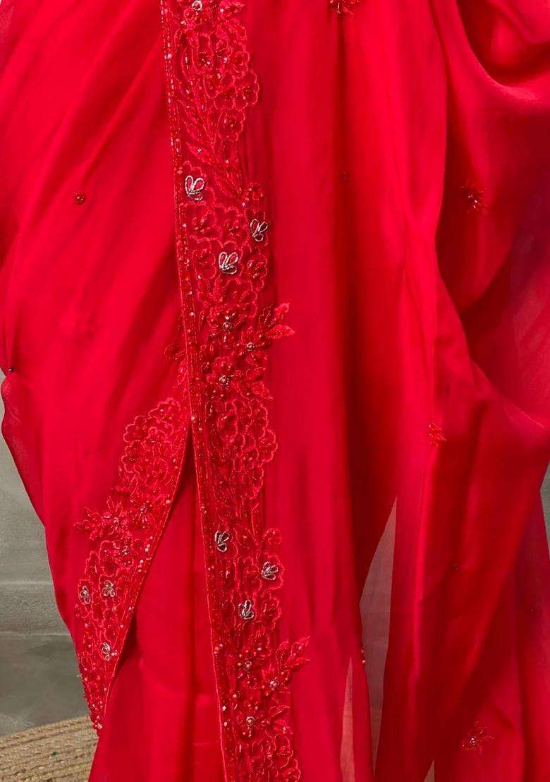 Red Pure Organza Designer Saree With Traditional Woven Design For Women - Indya