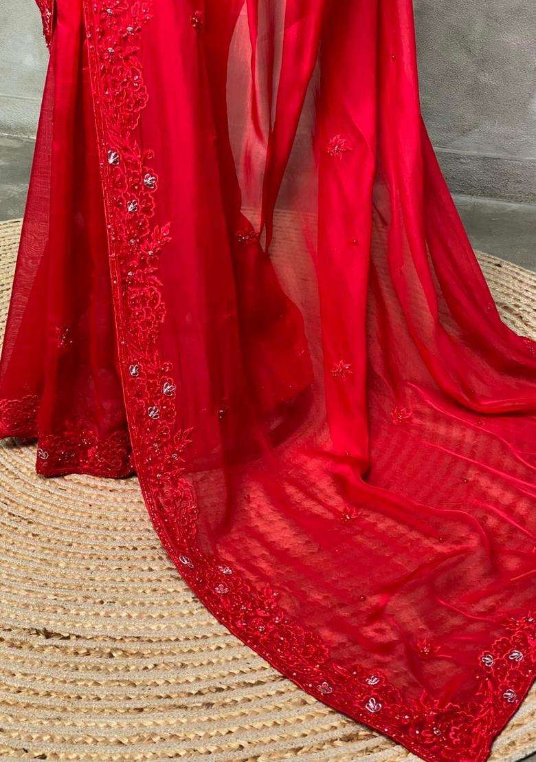 Red Pure Organza Designer Saree With Traditional Woven Design For Women - Indya