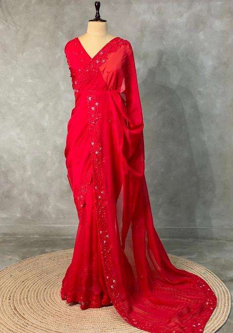 Red Pure Organza Designer Saree With Traditional Woven Design For Women