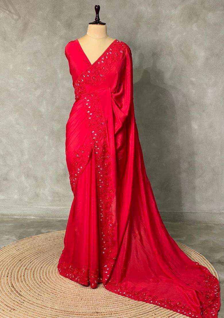 Red Pure Chiffon Designer Saree With Traditional Woven Design For Women - Indya