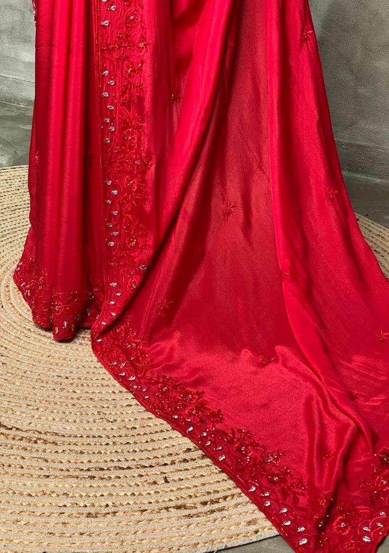 Red Pure Chiffon Designer Saree With Traditional Woven Design For Women - Indya